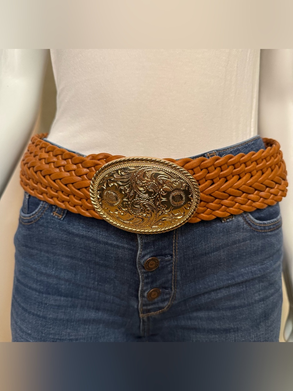 Camel PU leather braided belt with gold tone buckle